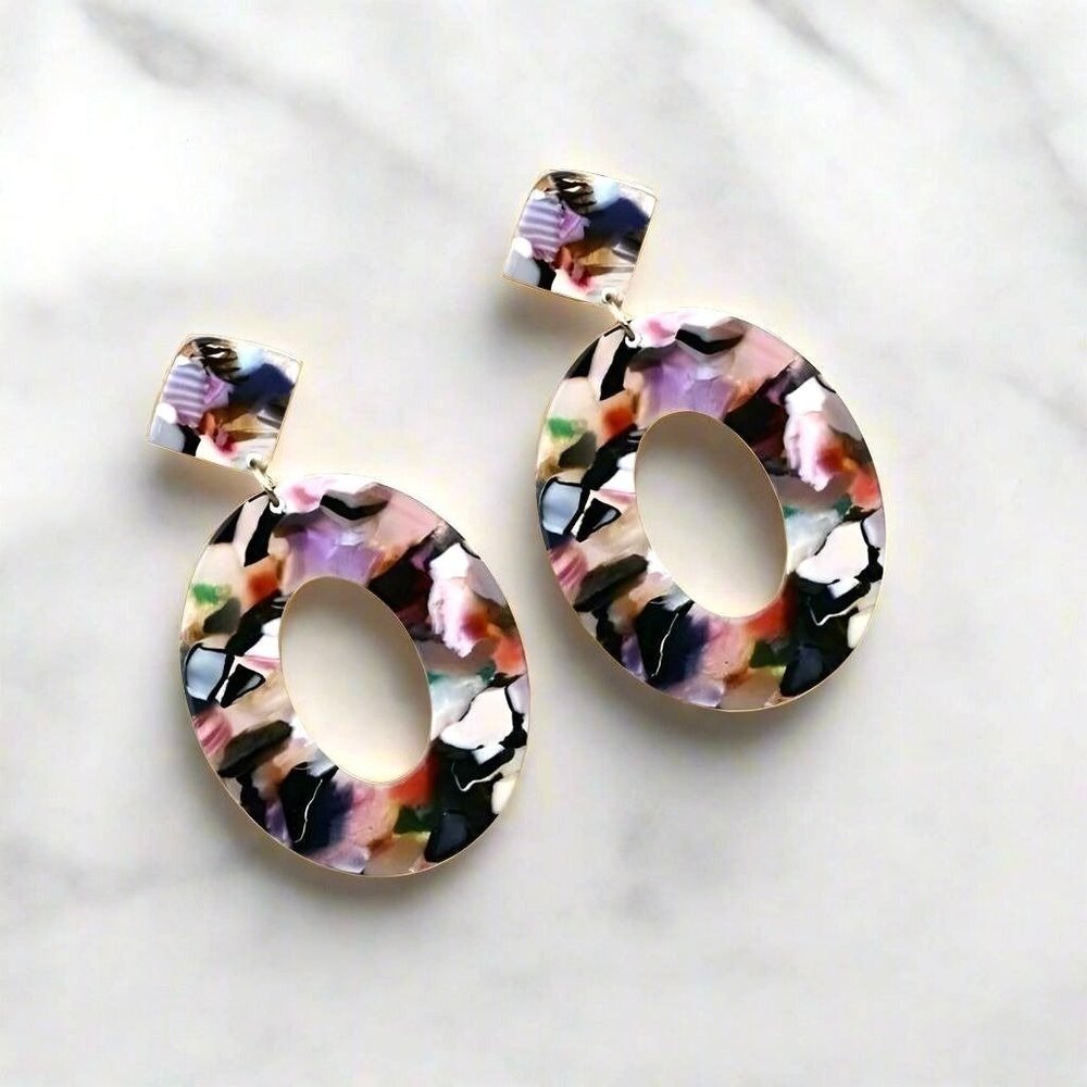 Zinnia Arts Abstract Pattern Large Oval Earrings Black Pink Gift Packaged